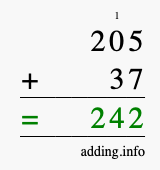Calculate 205 + 37 using long addition