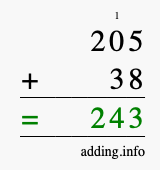 Calculate 205 + 38 using long addition
