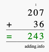 Calculate 207 + 36 using long addition