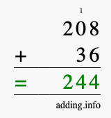 Calculate 208 + 36 using long addition