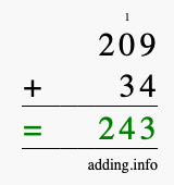Calculate 209 + 34 using long addition