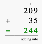Calculate 209 + 35 using long addition