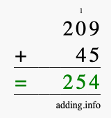 Calculate 209 + 45 using long addition