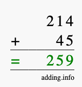 Calculate 214 + 45 using long addition