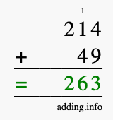 Calculate 214 + 49 using long addition