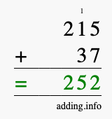 Calculate 215 + 37 using long addition
