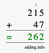 Calculate 215 + 47 using long addition