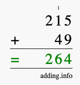Calculate 215 + 49 using long addition