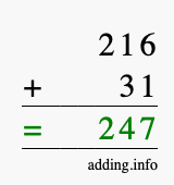 Calculate 216 + 31 using long addition