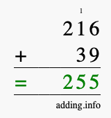 Calculate 216 + 39 using long addition