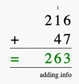 Calculate 216 + 47 using long addition