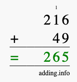Calculate 216 + 49 using long addition