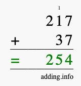 Calculate 217 + 37 using long addition