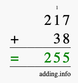 Calculate 217 + 38 using long addition