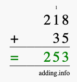Calculate 218 + 35 using long addition