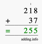 Calculate 218 + 37 using long addition