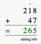 Calculate 218 + 47 using long addition