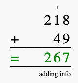 Calculate 218 + 49 using long addition