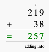 Calculate 219 + 38 using long addition