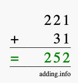 Calculate 221 + 31 using long addition