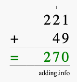 Calculate 221 + 49 using long addition