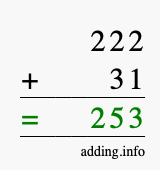 Calculate 222 + 31 using long addition