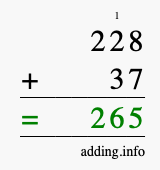 Calculate 228 + 37 using long addition