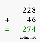Calculate 228 + 46 using long addition