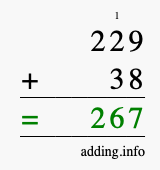 Calculate 229 + 38 using long addition