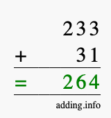 Calculate 233 + 31 using long addition