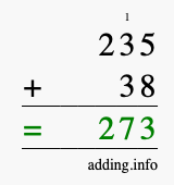 Calculate 235 + 38 using long addition
