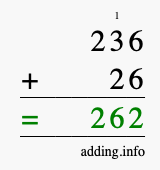 Calculate 236 + 26 using long addition
