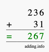 Calculate 236 + 31 using long addition