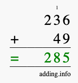 Calculate 236 + 49 using long addition