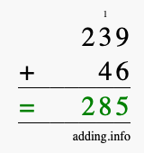 Calculate 239 + 46 using long addition