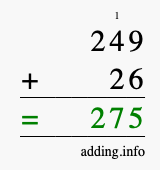 Calculate 249 + 26 using long addition