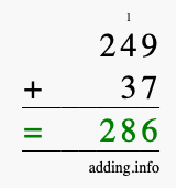 Calculate 249 + 37 using long addition
