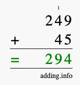 Calculate 249 + 45 using long addition