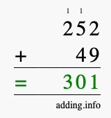 Calculate 252 + 49 using long addition