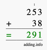 Calculate 253 + 38 using long addition