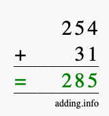 Calculate 254 + 31 using long addition