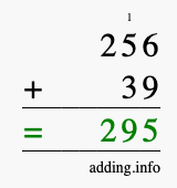 Calculate 256 + 39 using long addition