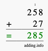 Calculate 258 + 27 using long addition