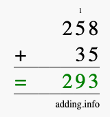 Calculate 258 + 35 using long addition