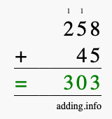 Calculate 258 + 45 using long addition