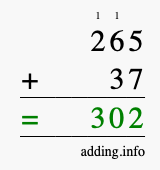 Calculate 265 + 37 using long addition
