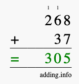 Calculate 268 + 37 using long addition