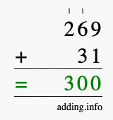 Calculate 269 + 31 using long addition