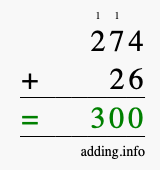 Calculate 274 + 26 using long addition