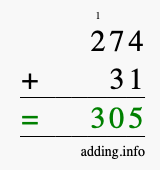 Calculate 274 + 31 using long addition